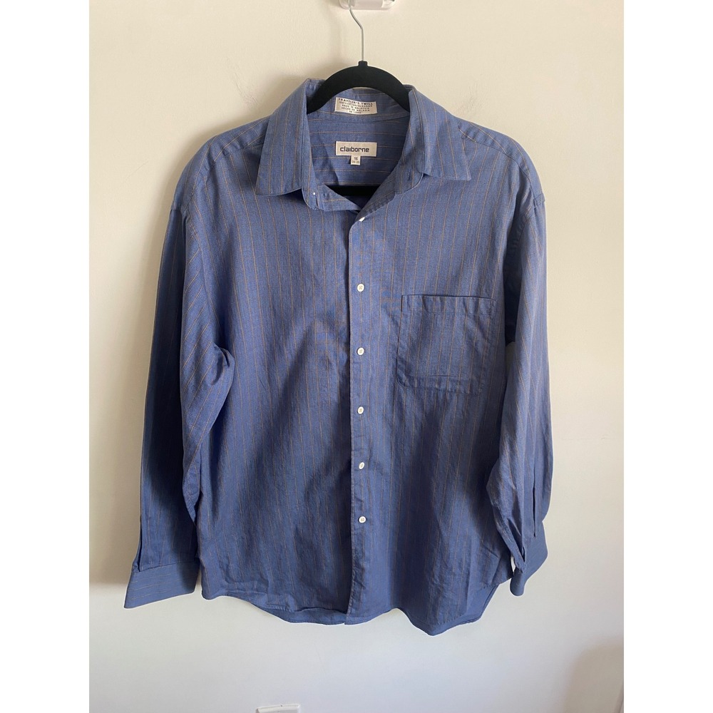 Claiborne Mens‎ Blue Orange Windowpane Traveler's Twill Cotton Shirt 16 34-35
